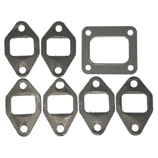 Allis-Chalmers MANIFOLD GASKET SET, image showing a set of eight metal gasket pieces and one square gasket with rounded corners for Allis Chalmers tractors models 7030, 7040, 7045, 7050, 7060, 7080, 7580, 8030, 8050, 8070, part numbers 74027014 and 74025781.