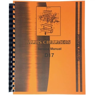 Allis-Chalmers D17 Gas and Diesel Service Manual, orange spiral-bound detailed technical manual with diagram of engine assembly on cover.