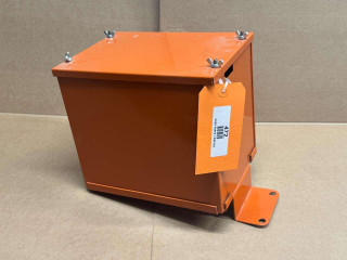 Allis Chalmers WD WD45 Battery Box, orange display battery storage box with metal fasteners and a white tag attached.