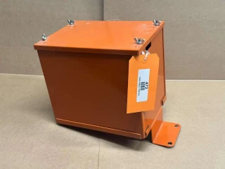 Allis Chalmers WD WD45 Battery Box display, orange metal battery box with mounting brackets and a white barcode label.