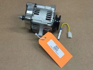 Wire Mini Alternator with Pulley 35 Amp, compact metal automotive alternator with pulley and wiring connector, displayed on a plain surface.