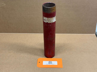Threaded Exhaust Pipe 2-1/4" x 10-3/8" with red finish and threaded top, used for automotive exhaust systems, displayed on a cardboard surface.