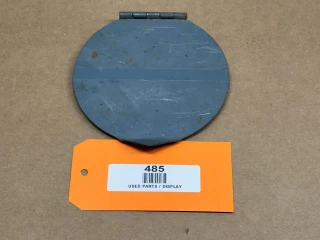 Allis-Chalmers B C CA Toolbox Door, display of a used blue toolbox door with scratches and weathering, labeled with an orange tag reading '485 USED PARTS / DISPLAY'.