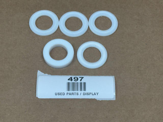 Allis-Chalmers Hydraulic Ram Packing Seal Kit Assembly B, IB, C, displayed with five white rubber seals on a brown surface, with a label reading '497 USED PARTS / DISPLAY'.