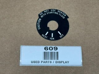 Allis Chalmers Diesel Switch Plate 170 175 180 185 190XT 200 210 220, display image of a black circular switch label with white text, featuring caution and operational instructions for engine and heater control.