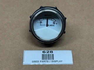 Allis Chalmers Amp Gauge 60-0-60 70254407, display of a round amp gauge with a needle, black casing, and a white faceplate marked with ampere measurements.