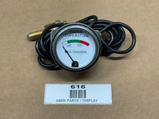 Allis-Chalmers Temperature Gauge D10 D12 D14 D15 D17 D19 WD45 Diesel, round water temperature gauge with black cord and metallic mounting, displaying temperature range from 160 to 220 degrees.