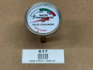 Allis-Chalmers Temperature Gauge Red Needle, circular water temperature display gauge with red needle pointing to below 120°F, indicating freezing, with green, white, and red zones for temperature ranges.