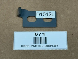 Left Side Hood Latch Bracket Allis Chalmers D10 D12, display image of a small gray metal bracket with two holes and a label D1012L on a cardboard background.