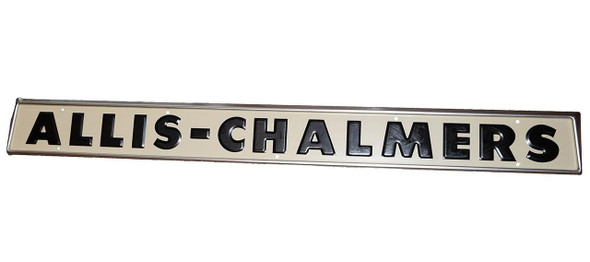 Allis-Chalmers Side Name Plate Emblem for D10 D12 D15 D17 models, featuring black raised lettering on a cream background with mounting holes.