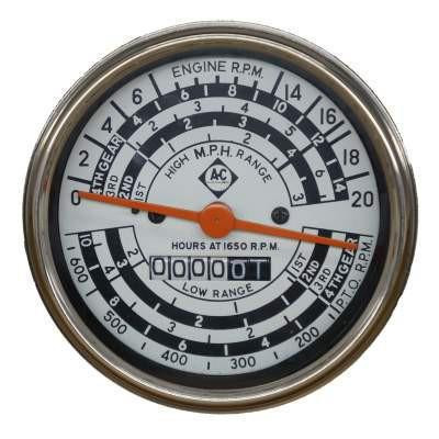 Allis-Chalmers D17 Diesel Tachometer, a round operation meter with multiple dials and a needle indicating engine RPM and hours of operation.