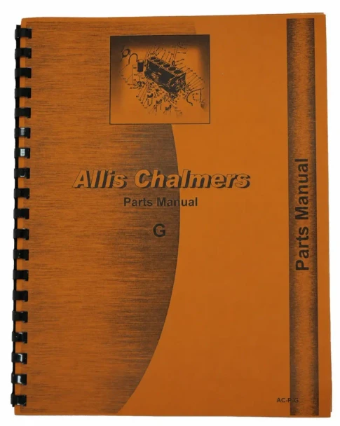 Allis Chalmers G Parts Manual, a spiral-bound technical manual with a wooden textured cover and an illustration of the engine parts.