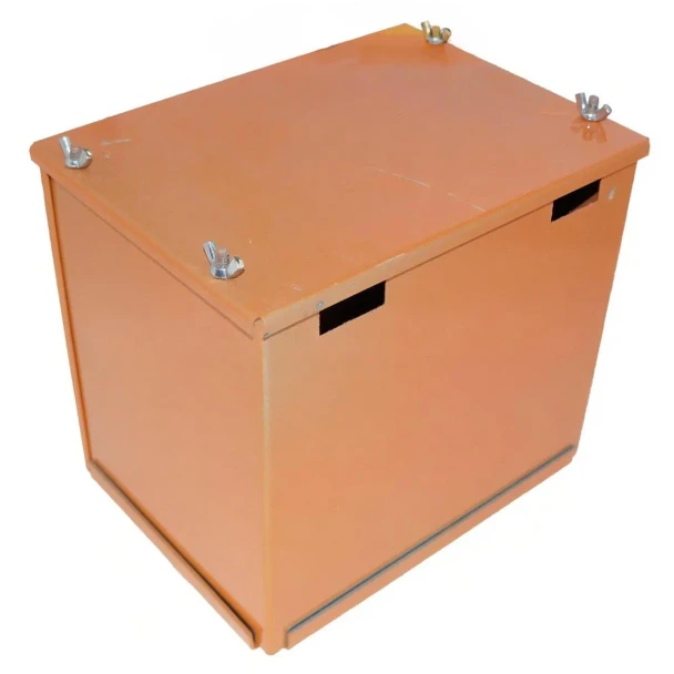 Allis-Chalmers Allis Chalmers D10 D12 Battery Box, orange metal battery container with four metal bolts on the top and black openings on the sides.
