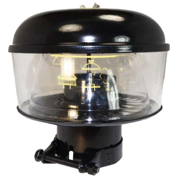 Allis-Chalmers Pre-cleaner Cap Assembly - AB-470D, black and transparent pre-cleaner cap for industrial equipment, with mounting base and adjustable clamp.