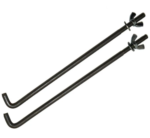 Allis-Chalmers Battery Retainer J-Bolt (Pair) IH-721D, black metal battery retainer bolts with wing nut threads and hooks for securing tractor batteries.