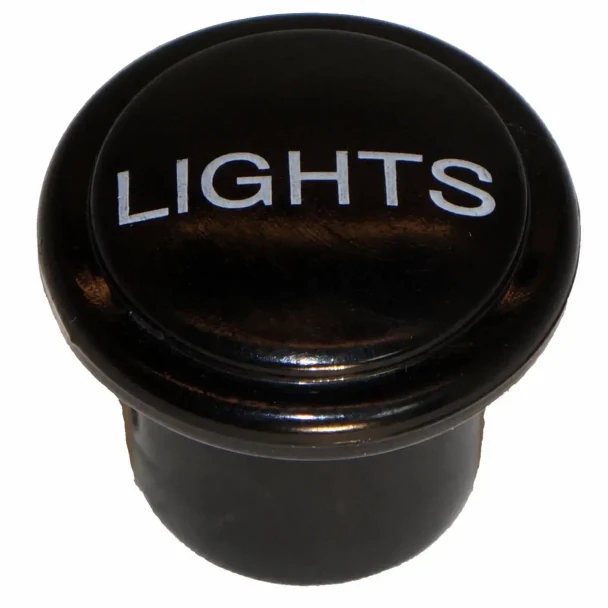 Allis-Chalmers Lights Knob, only for Allis Chalmers tractors, black plastic knob with 'LIGHTS' text in white.