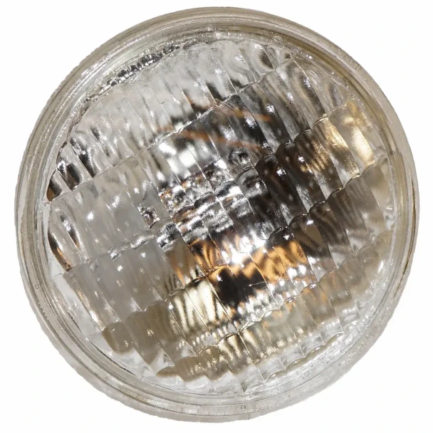 Allis-Chalmers 12-Volt Sealed Lo-Beam Bulb 4.5, close-up view of a clear, round sealed beam headlight with a reflective interior for automotive or tractor lighting.