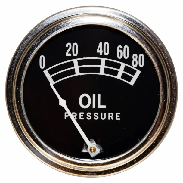 Allis-Chalmers Universal Oil Pressure Gauge 0-80 lb., round black and silver automotive gauge with white markings and needle indicating oil pressure.