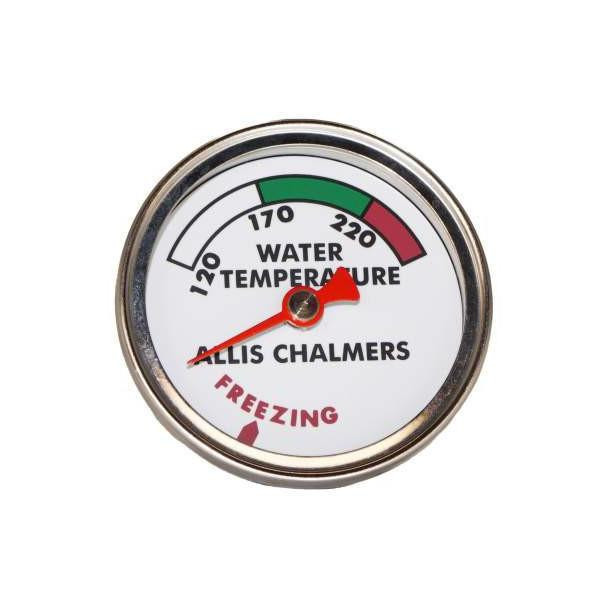 Allis-Chalmers Temperature Gauge Red Needle, circular water temperature gauge with temperature markings from 120 to 220 degrees Fahrenheit, green, white, and red color zones indicating safe, warning, and freezing temperatures.