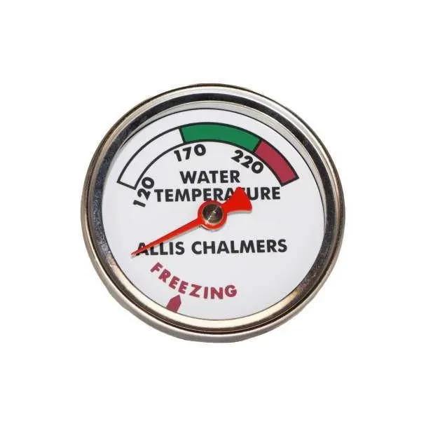 Allis-Chalmers Temperature Gauge Red Needle, circular water temperature gauge with temperature markings from 120 to 220 degrees Fahrenheit, green, white, and red color zones indicating safe, warning, and freezing temperatures.