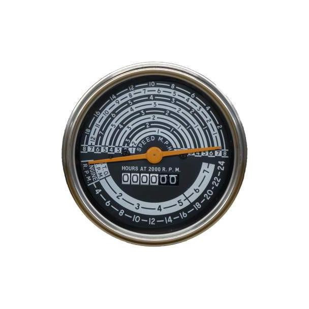 Allis-Chalmers D15 I60 I600 Tachometer, round black and silver gauge with orange needle and digital hour meter, used for tractor engine RPM and hours tracking.