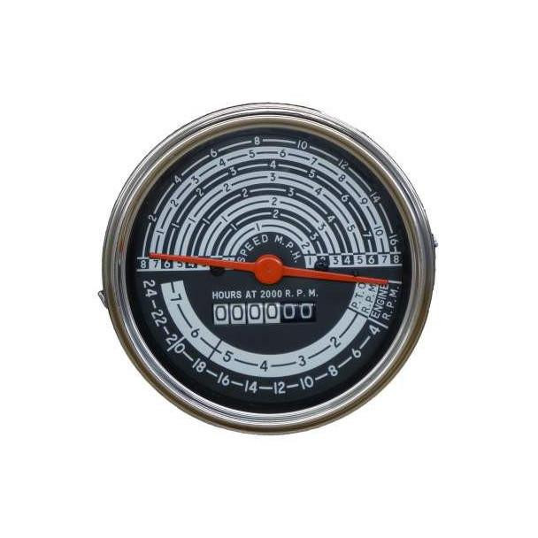 Allis-Chalmers D19 Tachometer Tach, round engine speed and hour meter gauge with black and white dial and red needle pointer.