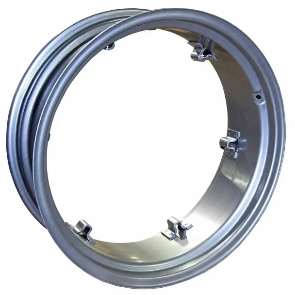 Allis-Chalmers Rear Rim 6 Loops 9 x 28, a metallic tractor rim with six attachment loops and a smooth, polished surface.