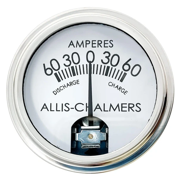Close-up of a round Allis-Chalmers tractor ammeter with a silver bezel and white face, labeled AMPERES and marked from 60 discharge through 0 to 60 charge. The needle points to zero.