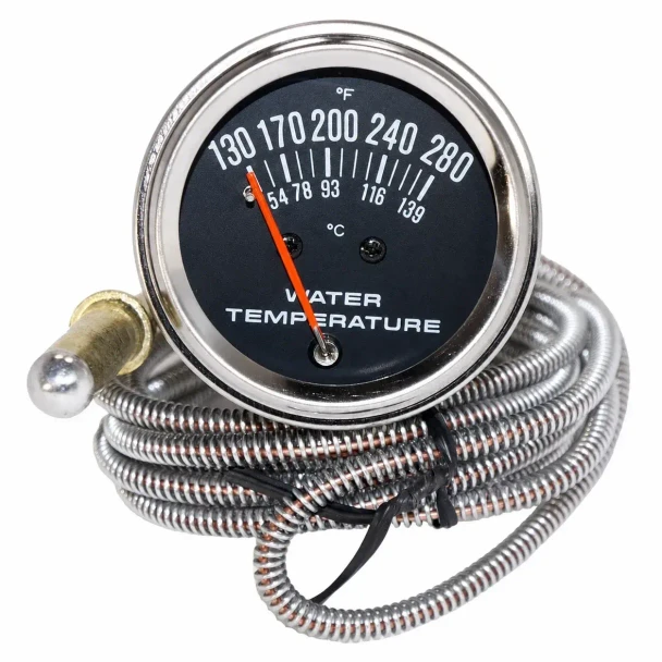 Allis-Chalmers Water Temperature Gauge, industrial water temperature meter with 130-280 degree range, with metal mounting and coiled sensor cable.
