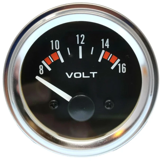 Round Allis-Chalmers farm tractor voltage meter with a black dial marked 8–16 volts, white needle near 8, red warning zones, and a chrome bezel.