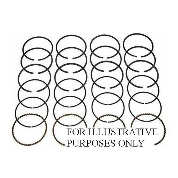 Allis-Chalmers Piston Ring Set 4-Cylinder, image of four sets of piston rings for Allis-Chalmers D15 H3 I600 engines arranged in rows with a disclaimer for illustrative purposes only.