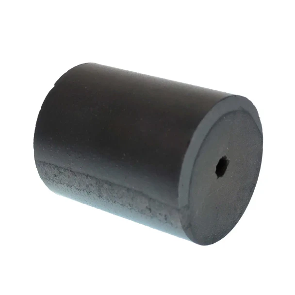 Black cylindrical fuel gauge sending-unit float, shown alone on a white background, with a small hole in its flat circular end.