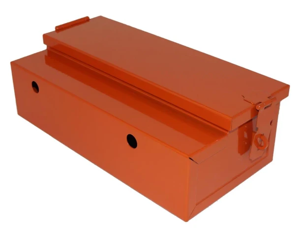 Allis-Chalmers Toolbox - Allis Chalmers WC, RC, WF - Persian Orange #2, a durable metal toolbox in Persian orange color with a hinged lid and latch mechanism for tractor tool storage.