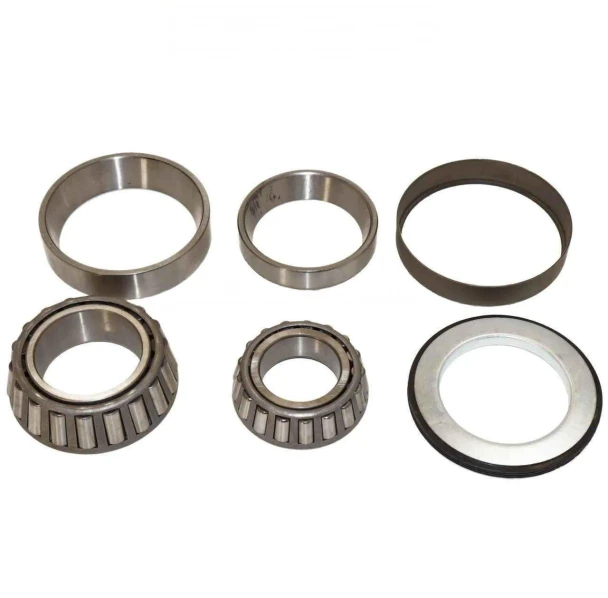 Allis-Chalmers farm tractor front wheel bearing kit, model WBKAC3, shown as six metal components: two tapered roller bearings, two bearing races, and two seals.