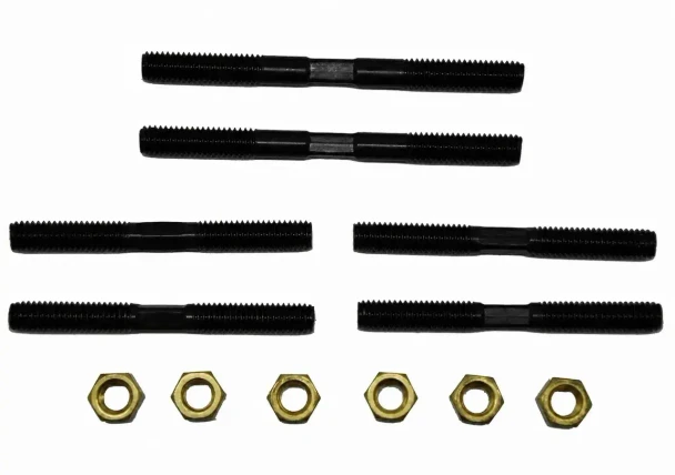Allis-Chalmers Early WC Side Exhaust Manifold Stud Set with Brass Nuts, consisting of six black metal studs and six brass nuts, used for tractor engine repair and maintenance.