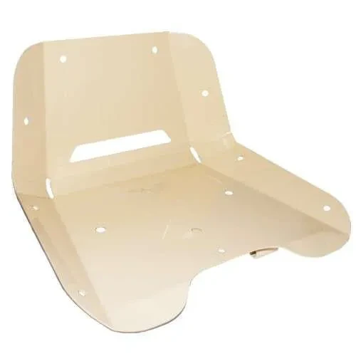Cream-colored metal tractor seat pan for Allis-Chalmers D10, D12, D14, D15, D17, D19, and D21 farm tractors.