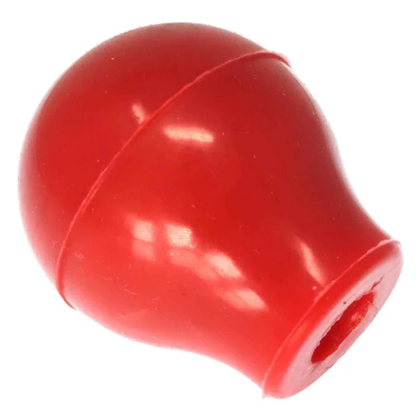 Close-up of a glossy red Allis-Chalmers throttle/fuel shut-off knob, part 70254706, with a hollow mounting opening at one end, on a white background.