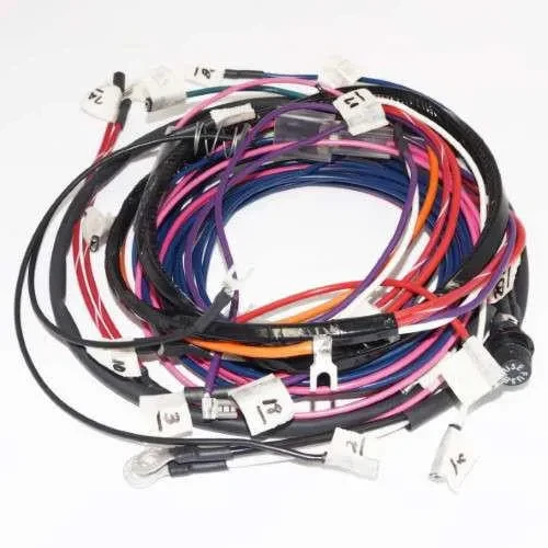 Coiled Allis-Chalmers D17 Series IV complete wiring harness kit, with multicolored wires, black protective wrapping, and white labeled connectors, shown on a plain white background.