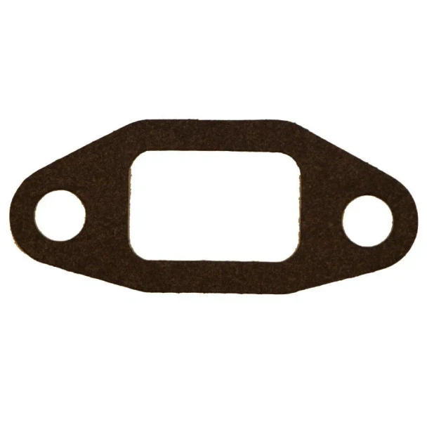 Flat dark brown gasket for an Allis-Chalmers farm tractor water manifold to cylinder head, with a large rectangular center opening and one round bolt hole at each end.