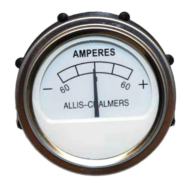 Round Allis-Chalmers ammeter gauge for farm tractors, marked AMPERES with a 60-0-60 scale, negative and positive indicators, and a central needle at zero.