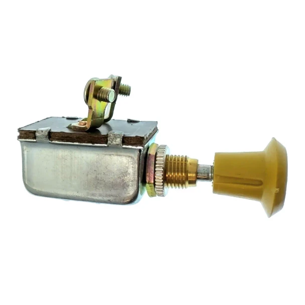 A two-position push-pull ignition and light switch for an Allis-Chalmers farm tractor, shown isolated on a white background. It has a rectangular metal housing, exposed electrical terminals on top, and a yellow pull knob on a threaded shaft.