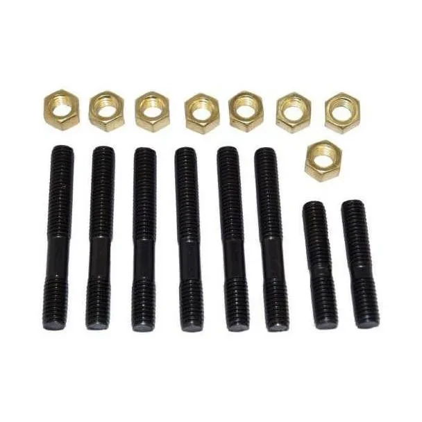 Allis-Chalmers Manifold Stud & Nut Set - D10, D12, image of golden nuts and black threaded studs arranged in a row.