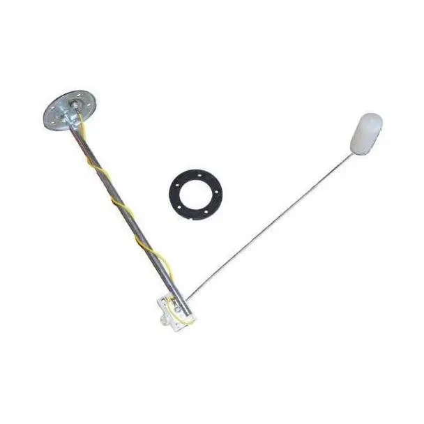 Allis-Chalmers farm tractor fuel sending unit for models 9130, 9150, 9170, and 9190, with a circular mounting plate, long float arm and white float, wiring, and a separate black gasket.