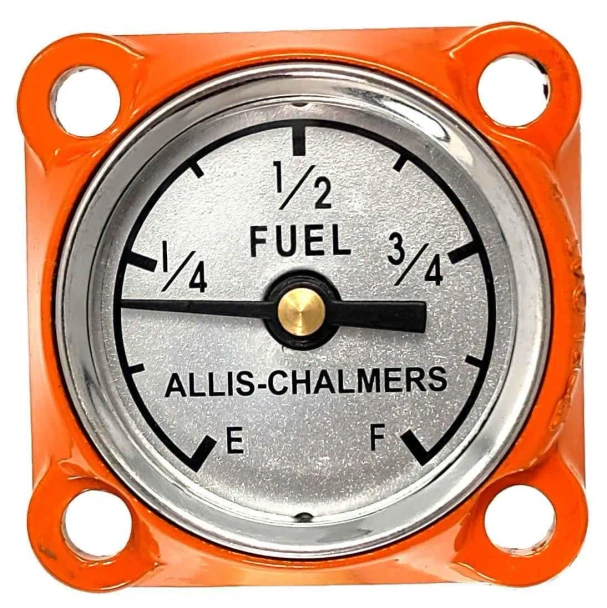 Allis-Chalmers tractor fuel gauge, part number 70227865, with a silver face, orange four-hole mounting flange, and markings for E, 1/4, 1/2, 3/4, and F.