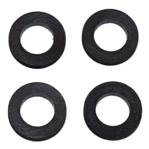 Four black circular valve cover mounting grommet washers arranged in a two-by-two layout on a white background.