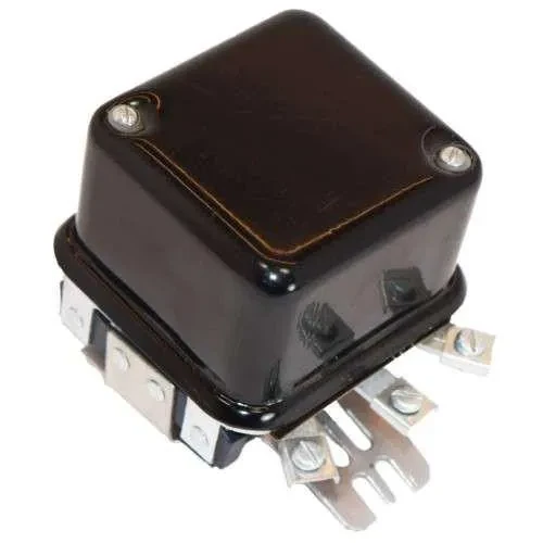 Black 12-volt voltage regulator with metal mounting tabs for Allis-Chalmers WD45, D15, and D17 diesel farm tractors.