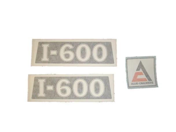 Allis-Chalmers I-600 farm tractor decal set, with two long gray-and-white “I-600” decals and a square Allis-Chalmers logo decal.