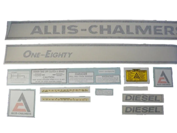 Set of gray and yellow Allis-Chalmers AC 180 Diesel farm tractor decals, including long “ALLIS-CHALMERS” and “ONE-EIGHTY” labels, two “DIESEL” decals, the Allis-Chalmers logo, and smaller safety and operating instruction labels.