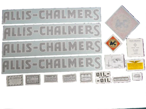 A set of Allis-Chalmers AC W Speed Patrol grader vinyl decals on a white background, including four long “ALLIS-CHALMERS” lettering strips, an AC diamond emblem, and assorted smaller instruction, warning, and number decals.
