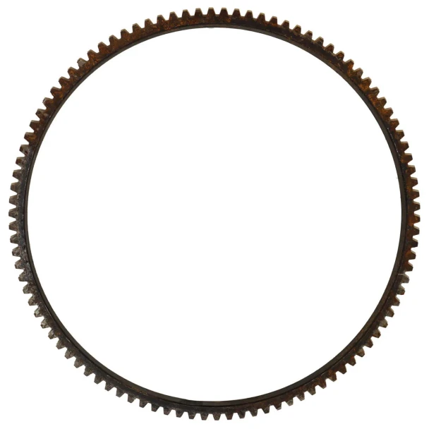 Dark, rusted metal flywheel ring gear for Allis-Chalmers D17, 170, and 175 farm tractors, shown as a large circular ring with teeth around its outer edge.
